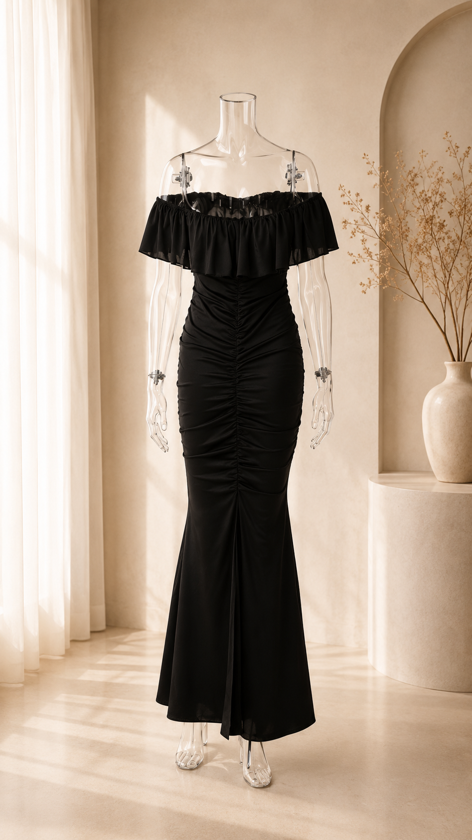 Off-Shoulder Ruffle Ruched Mermaid Maxi Dress