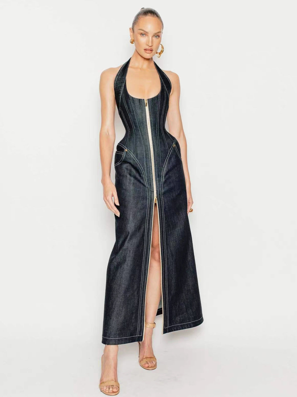 Nova Denim Halter Maxi Dress