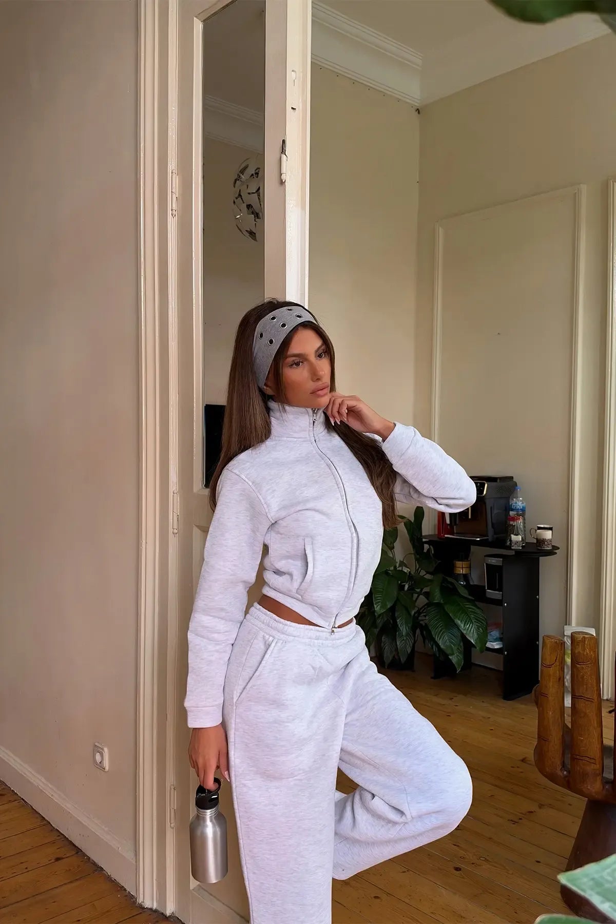 Grey Zipper-Detail Tracksuit Set