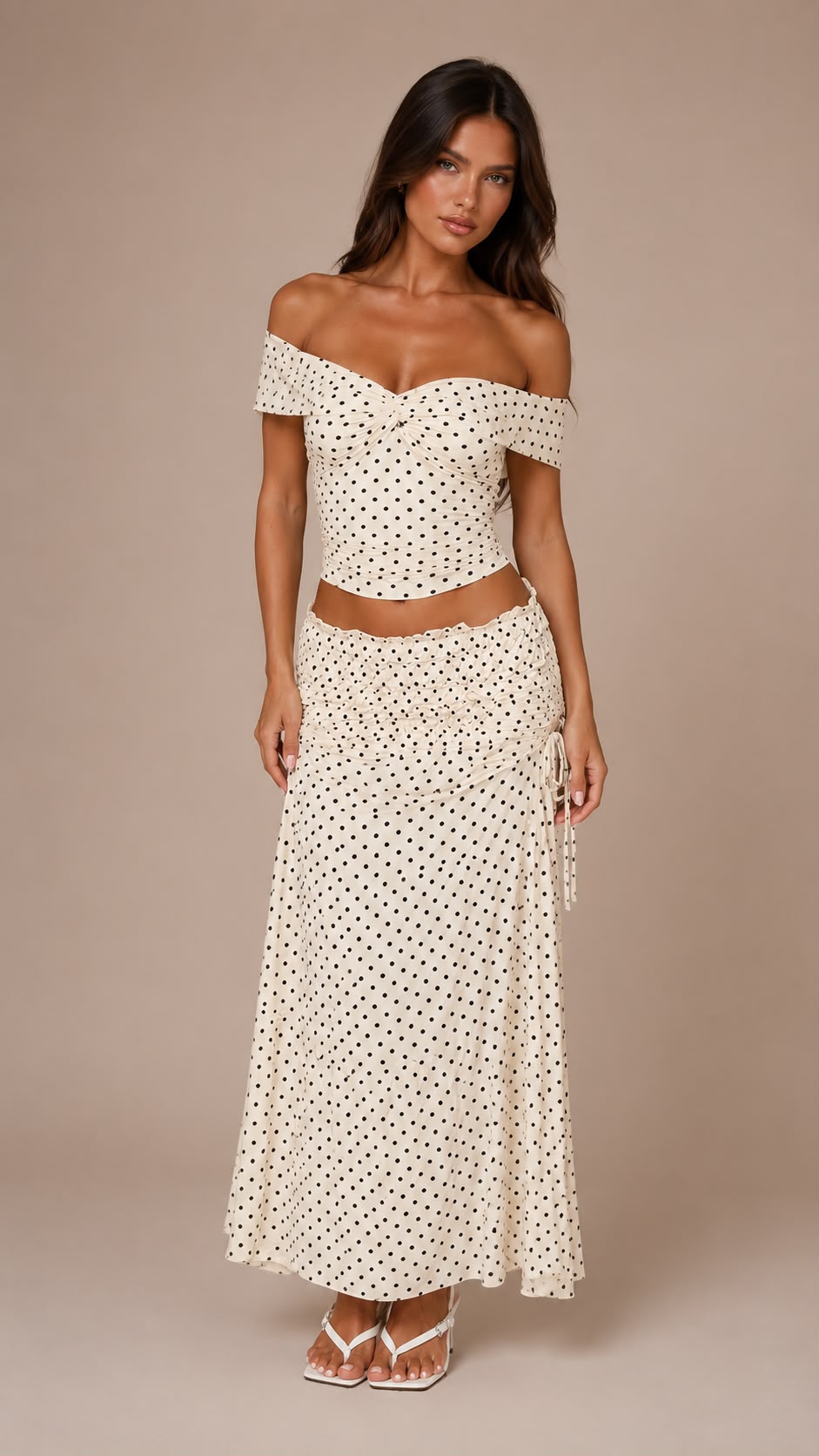 Polka Dot Off-Shoulder Top & Ruched Maxi Skirt Set