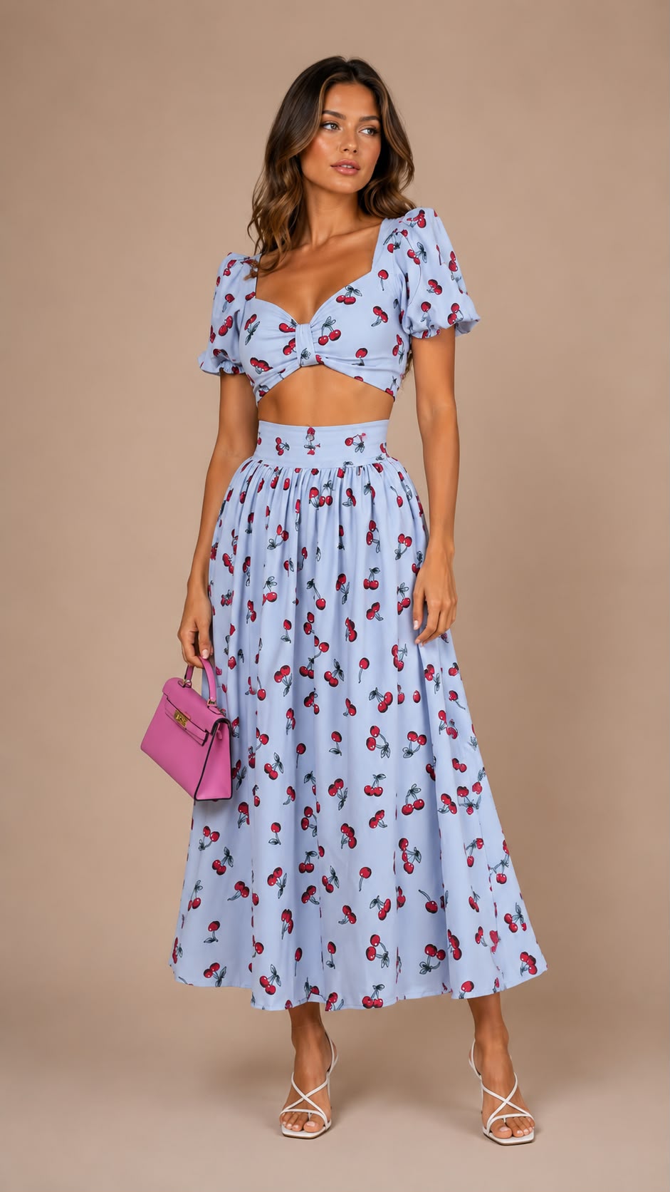 Cherry Print Puff Sleeve Crop Top & Maxi Skirt Set