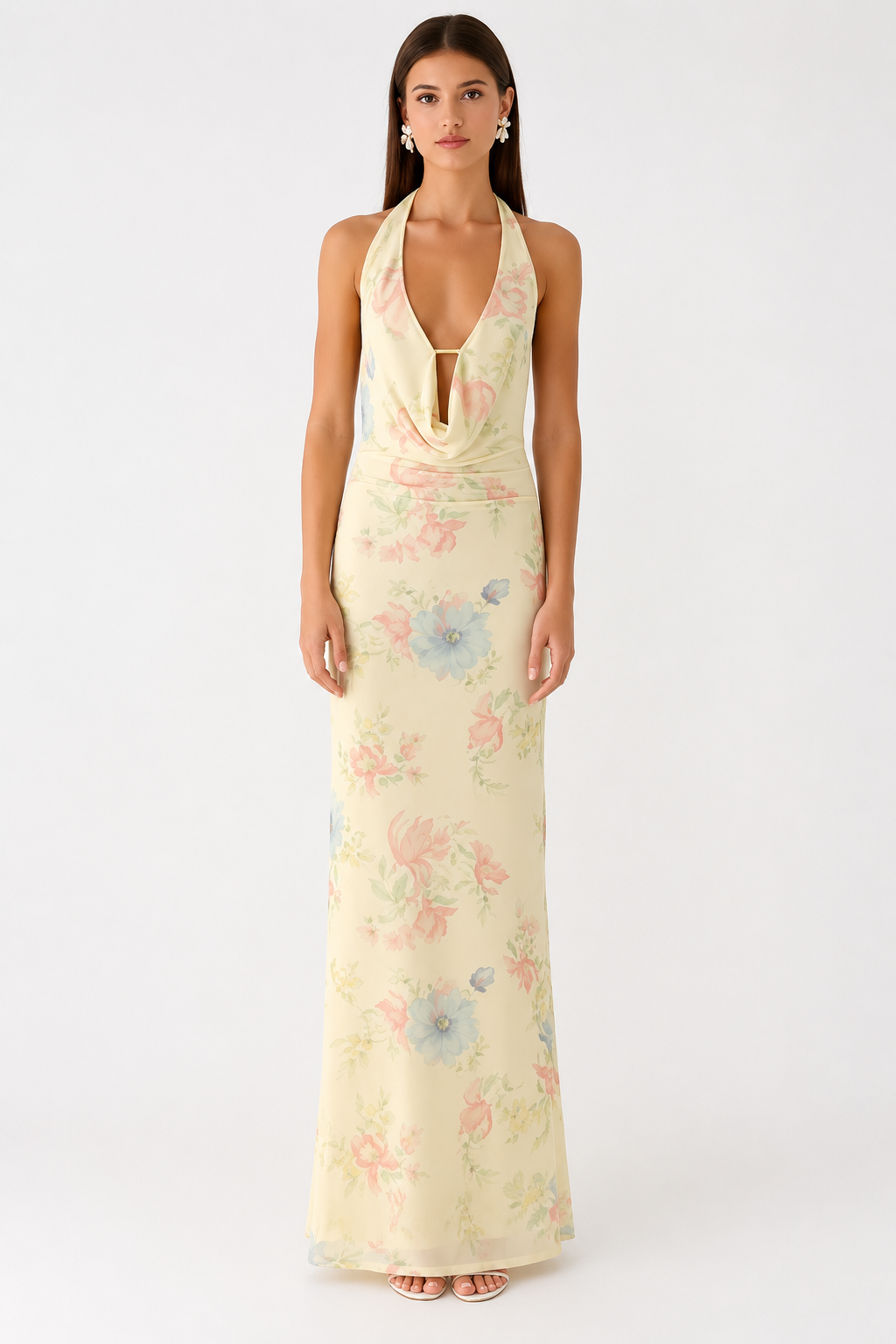 Golden Bloom Halter Maxi Dress