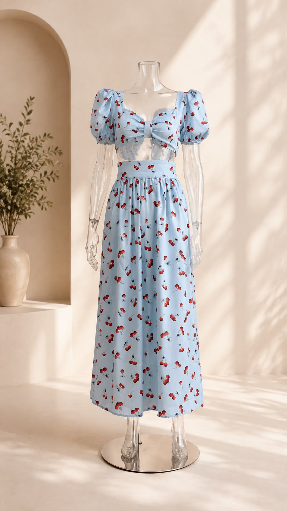 Cherry Print Puff Sleeve Crop Top & Maxi Skirt Set