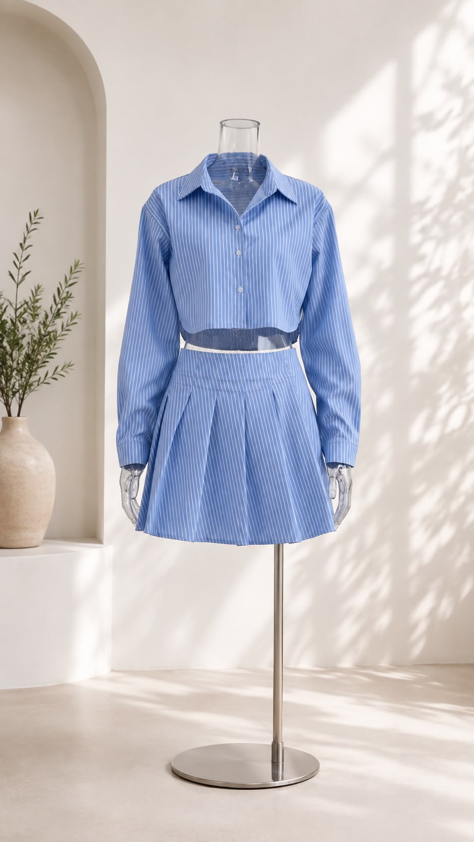 Striped Shirt & Pleated Skirt Set