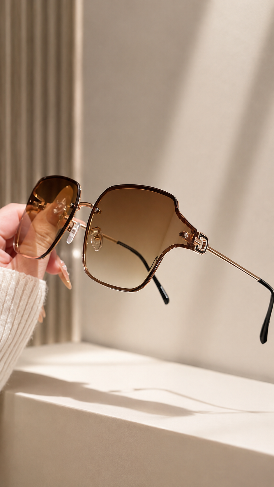 Curved Rimless-Edge Square Sunglasses