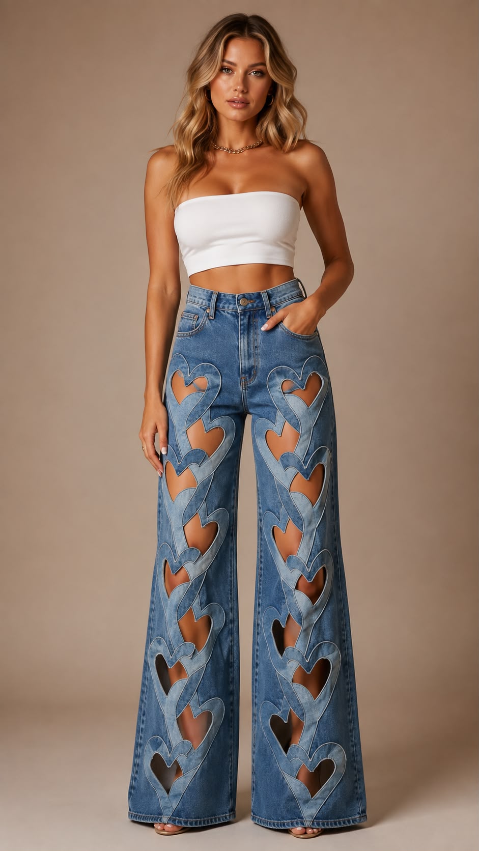 Heart Cut-Out Wide-Leg Jeans