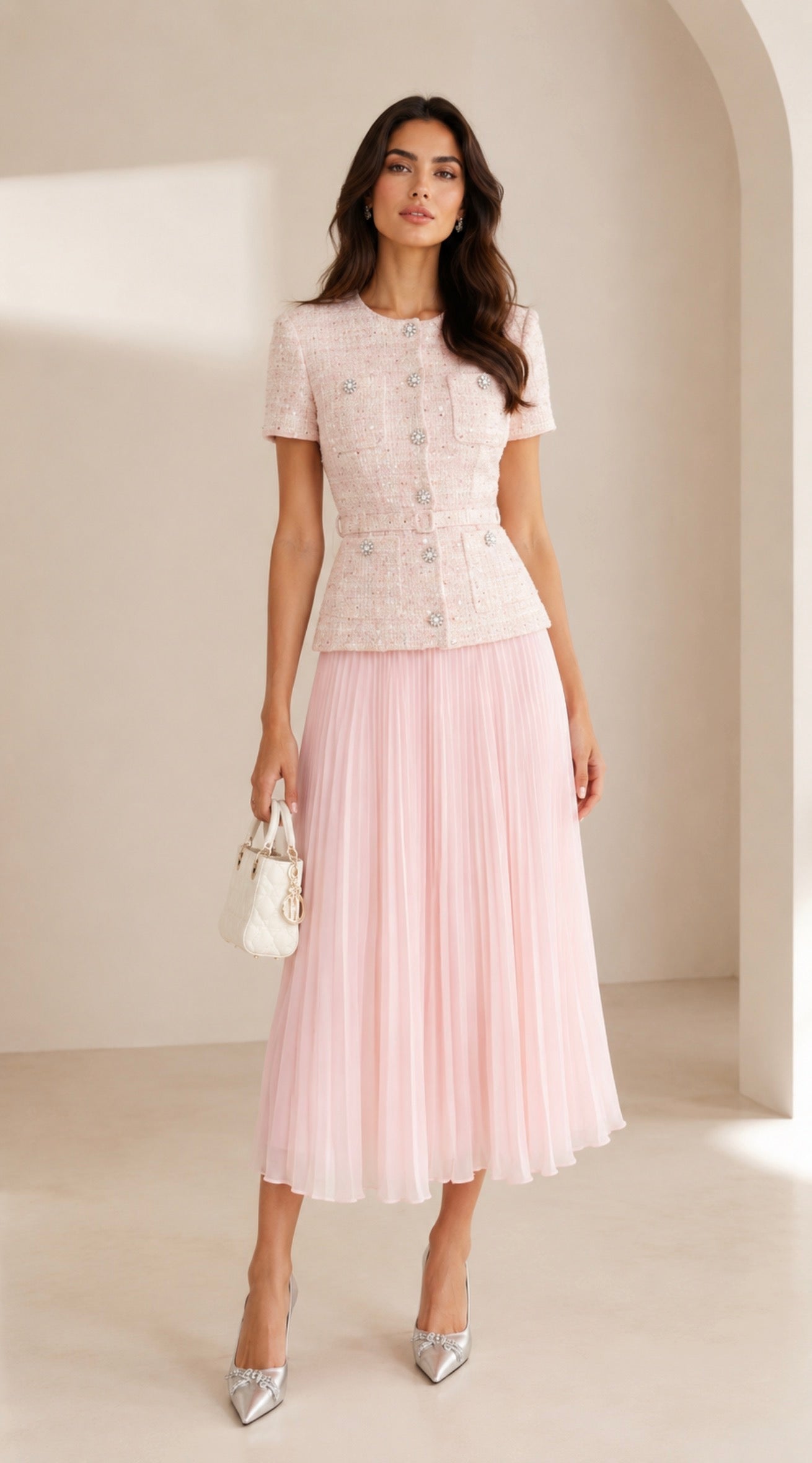 Margaux Sequin Tweed and Pleated Chiffon Maxi Dress