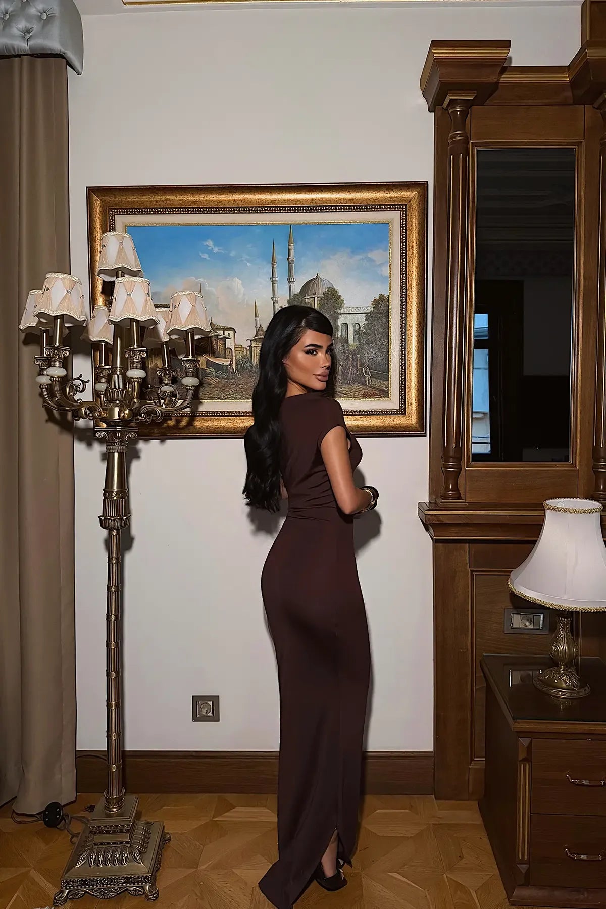 Dark Brown Long Dress with Buckle Detail