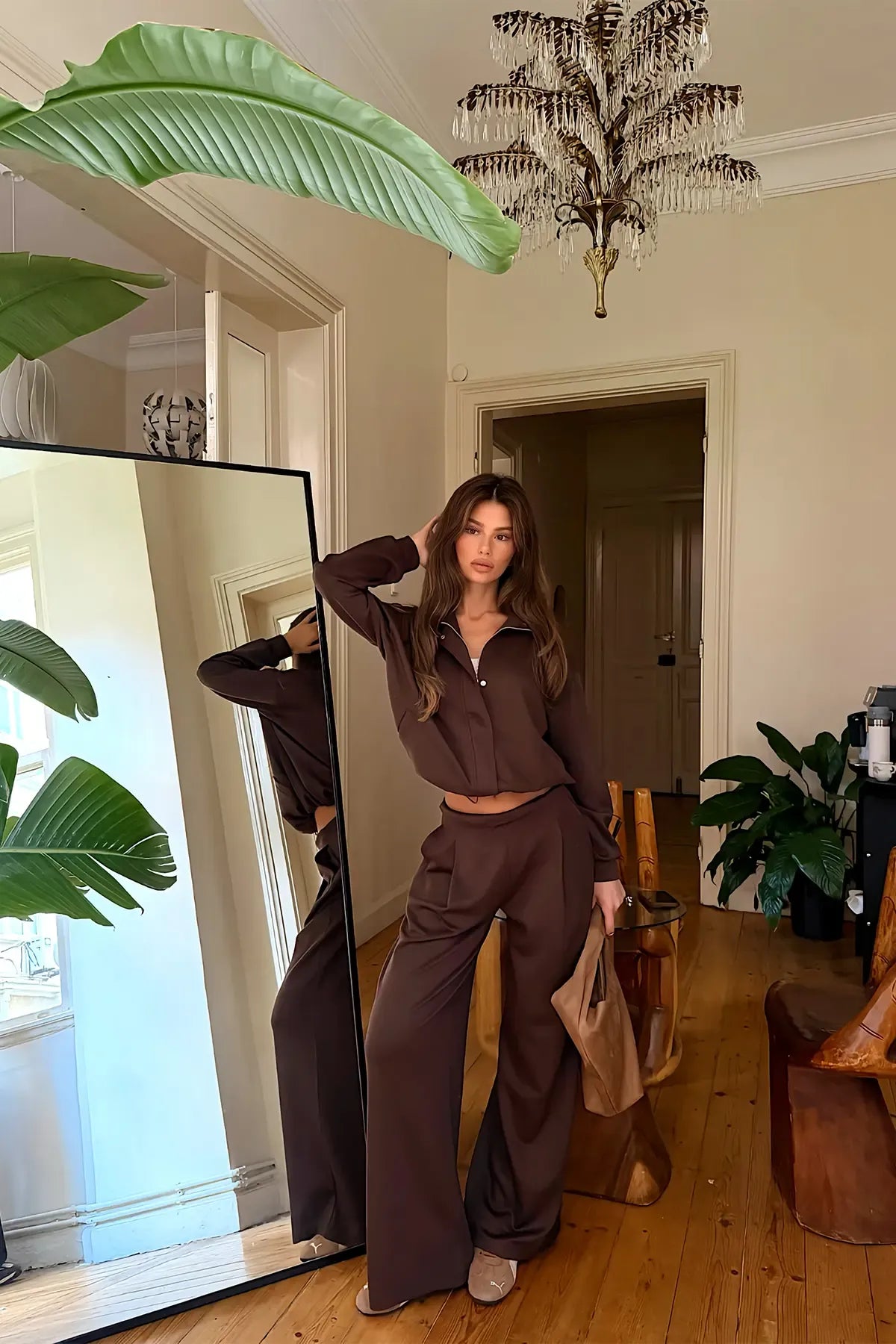 Dark Brown Pocket-Detail Trouser Set