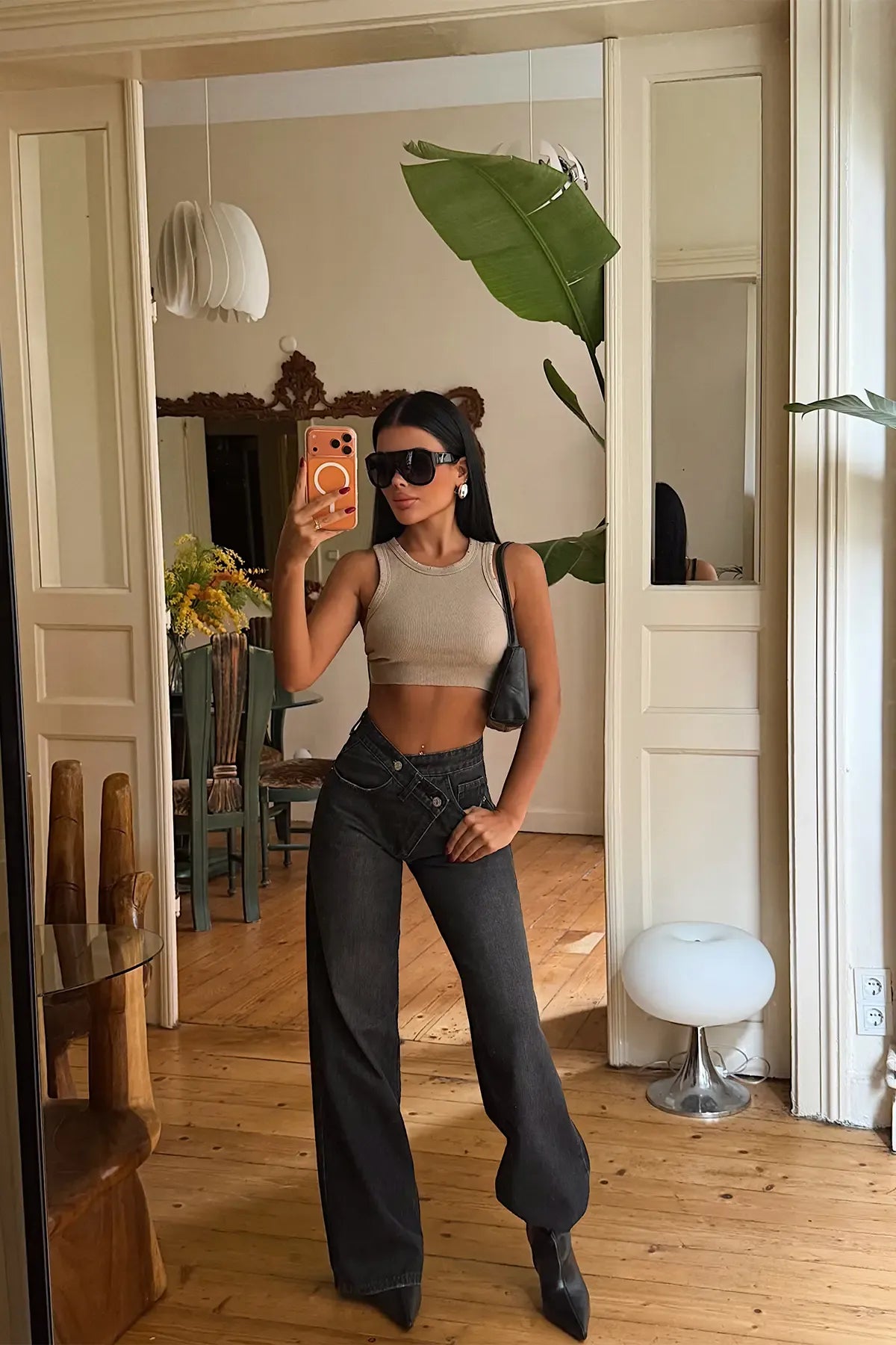 Black Asymmetric Button-Front Jeans