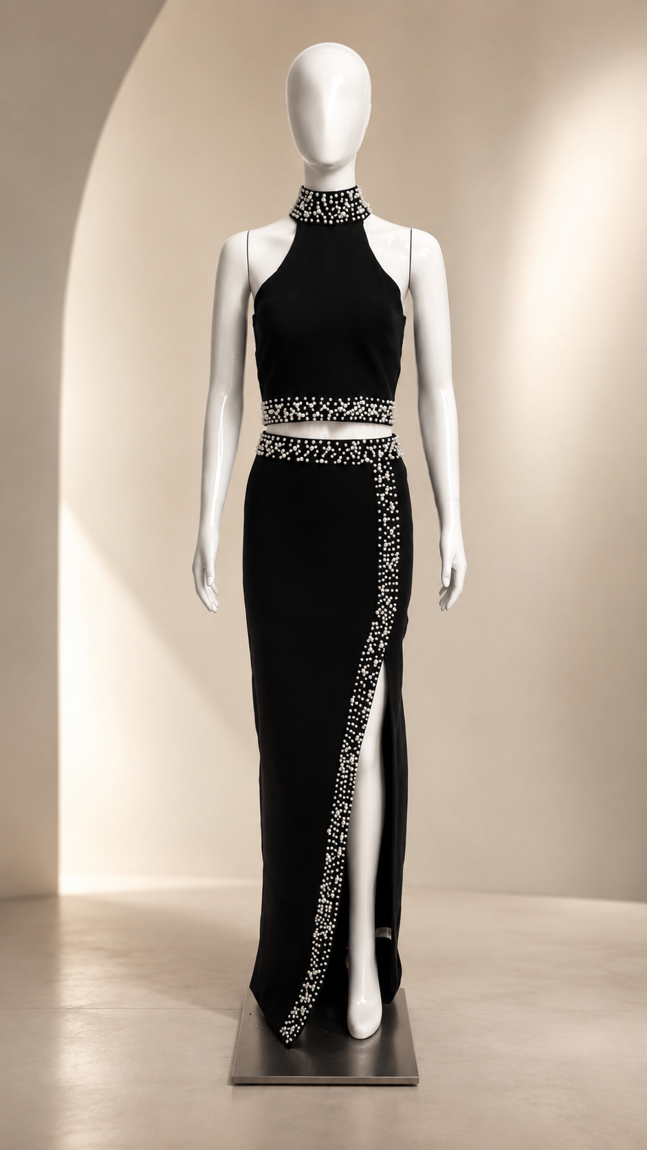 Corine Pearl-Trim Halter Top and Maxi Skirt Set