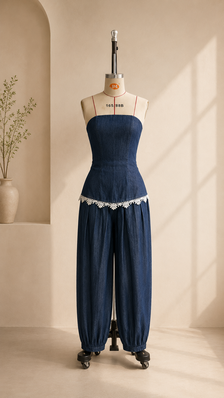 Marisol Lace-Trim Denim Tube Top and Trouser Set