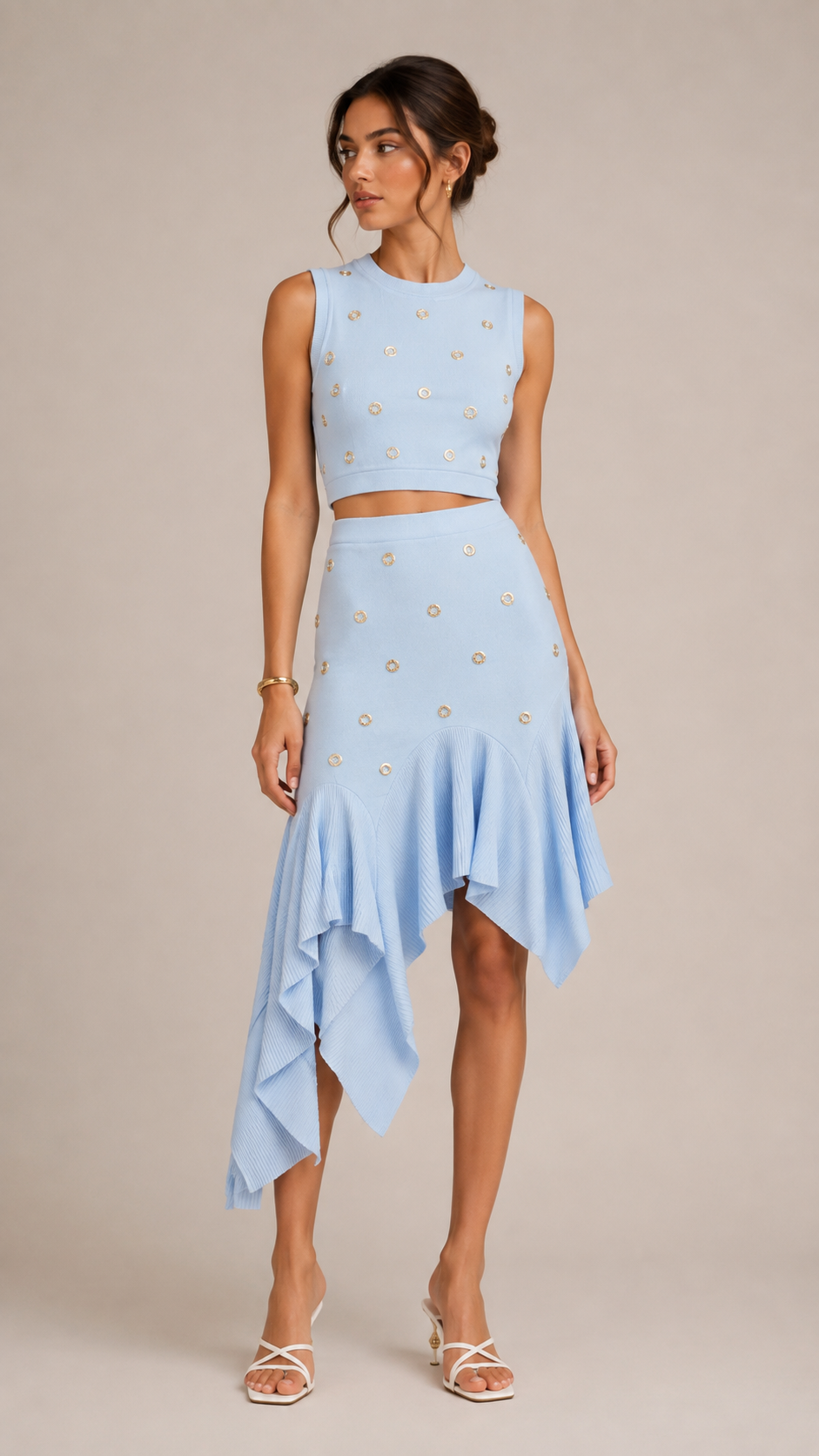 Ondine Gold-Stud Knit Tank and Asymmetric Skirt Set