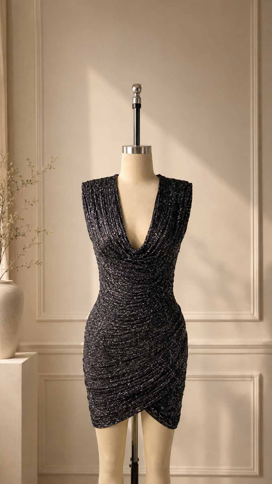 Shimmer Draped Ruched Mini Dress