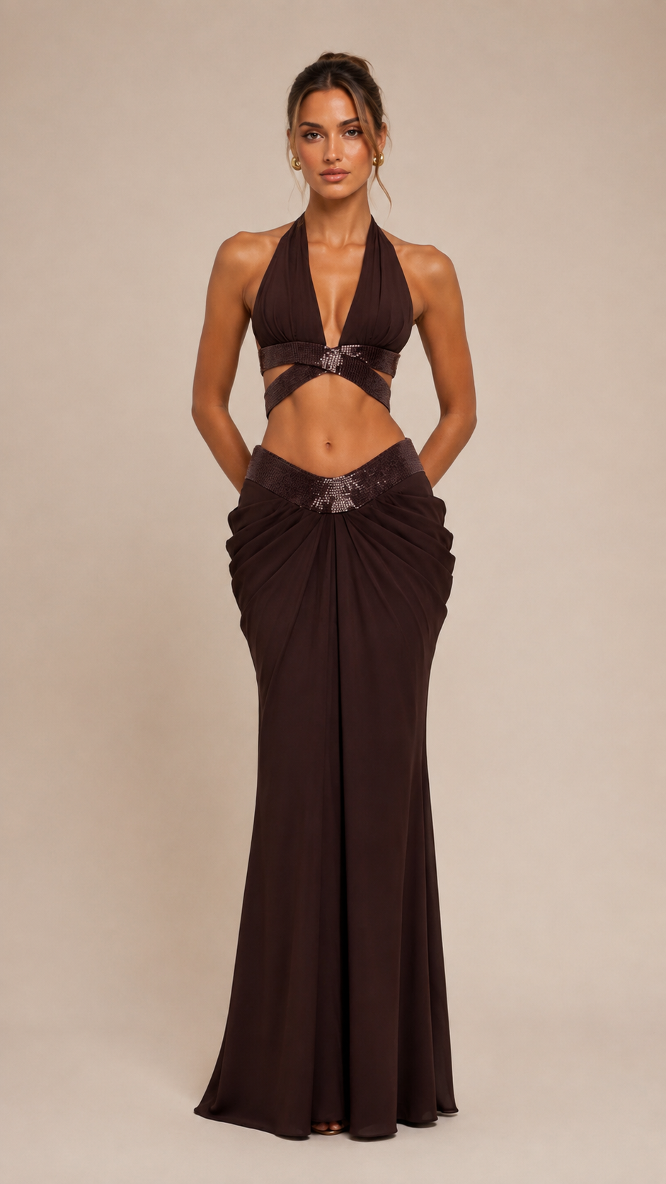 Halter Top and Draped Maxi Skirt Set