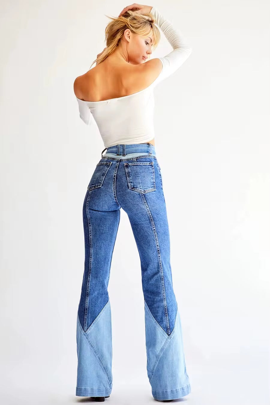 High-Waisted Patchwork Flare Denim Jeans