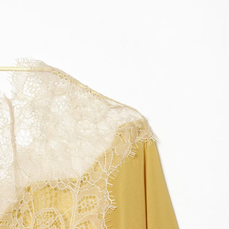 Lace Yoke Tie-Back Chiffon Blouse