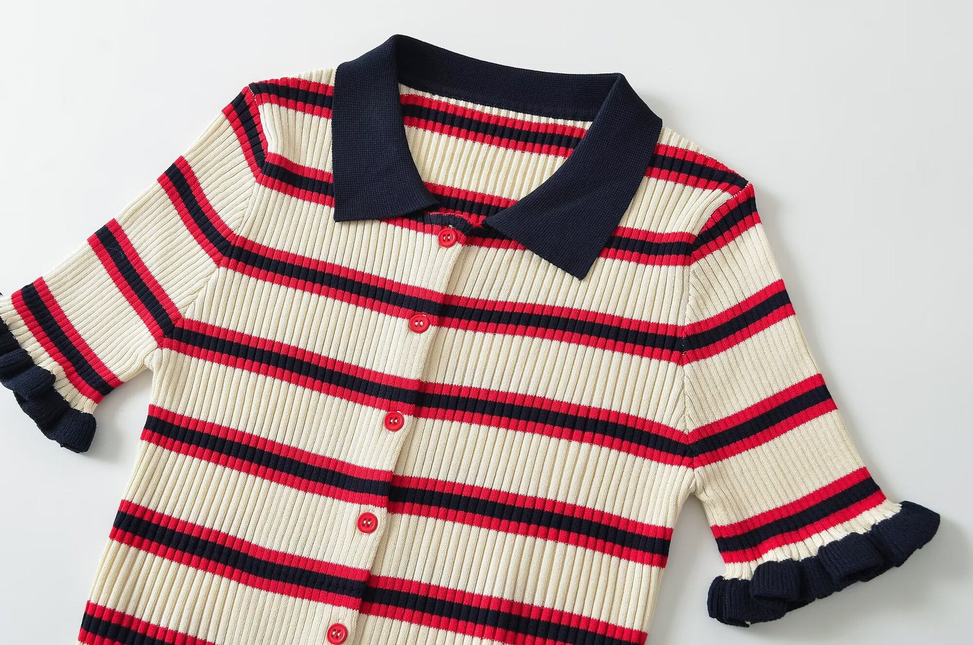 Striped Ribbed Knit Polo Cardigan