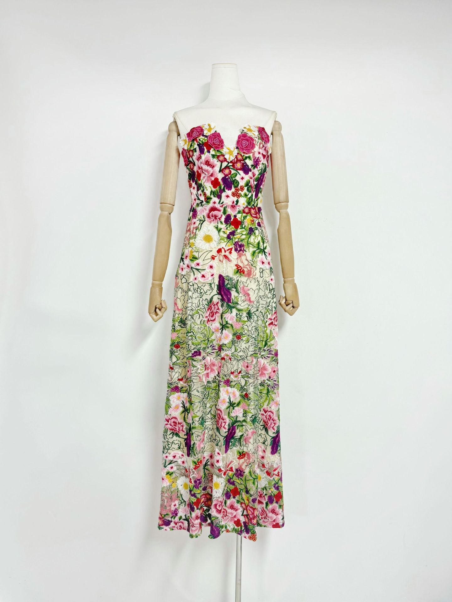 Florabel Embroidered Mesh Strapless Maxi Dress
