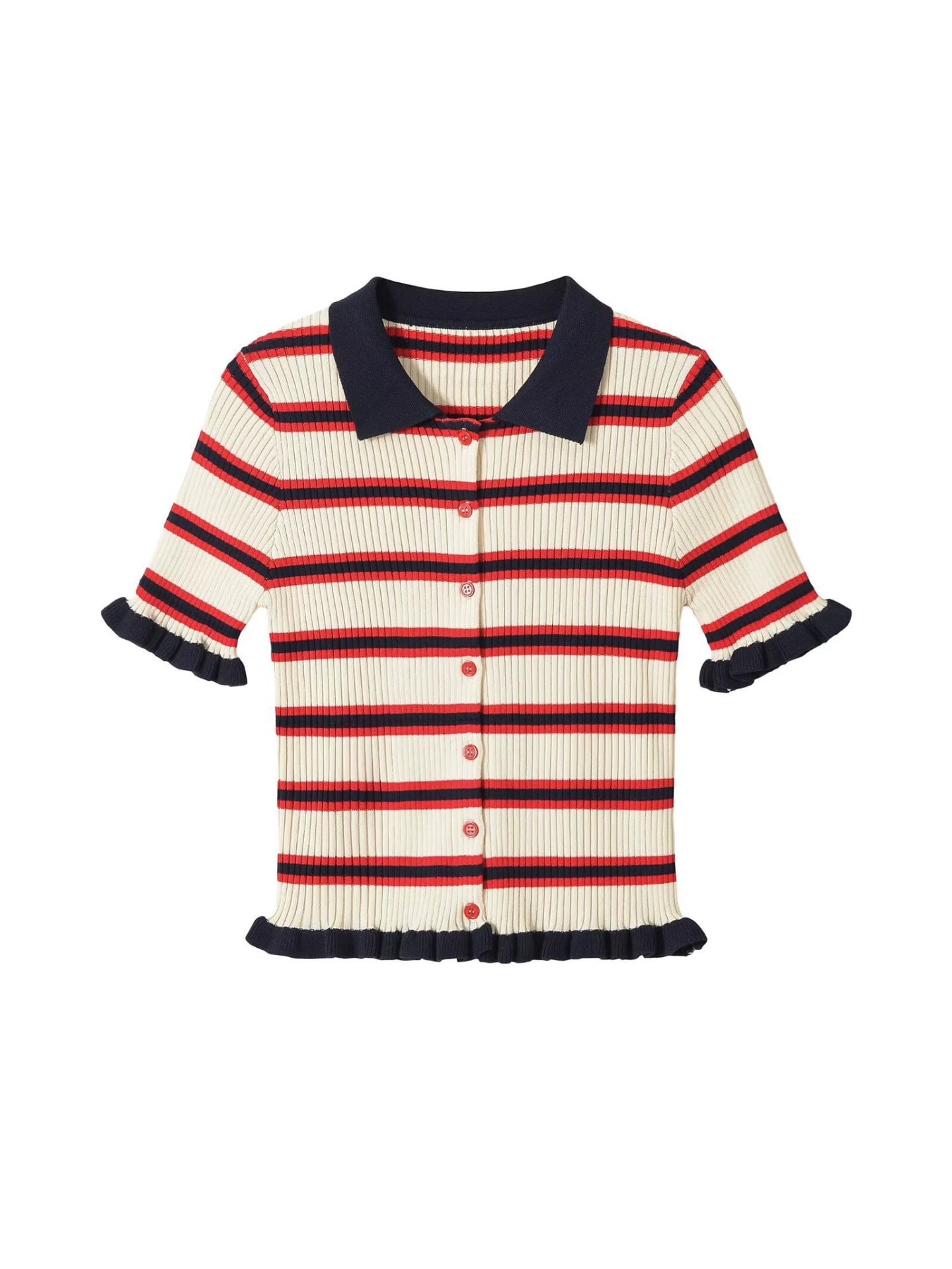 Striped Ribbed Knit Polo Cardigan