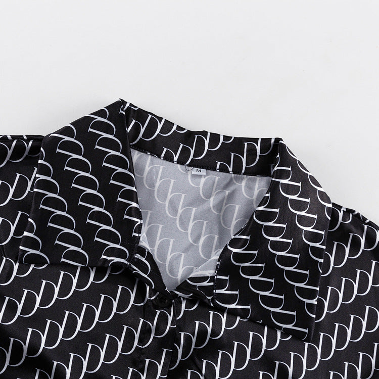 Monogram Print Satin Shirt and Trouser Set