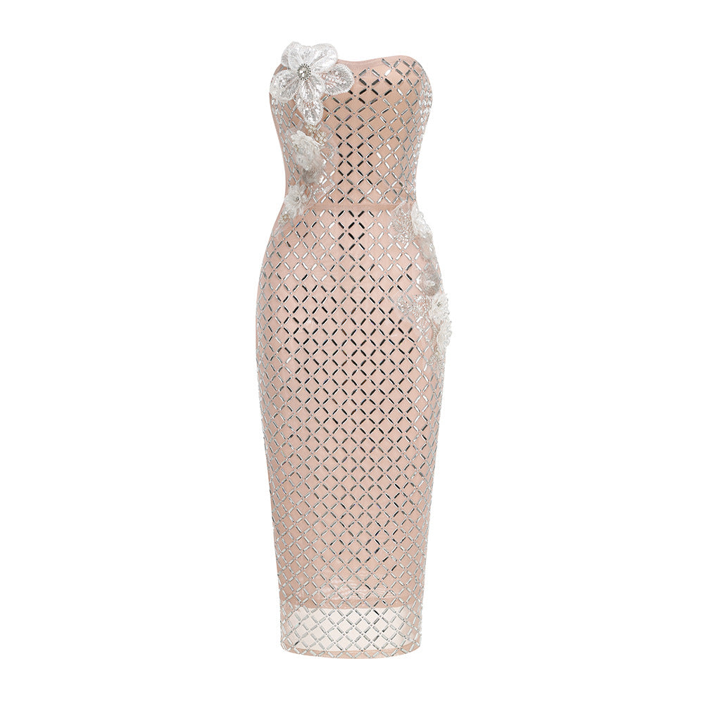 Crystal Lattice Mesh Strapless Dress