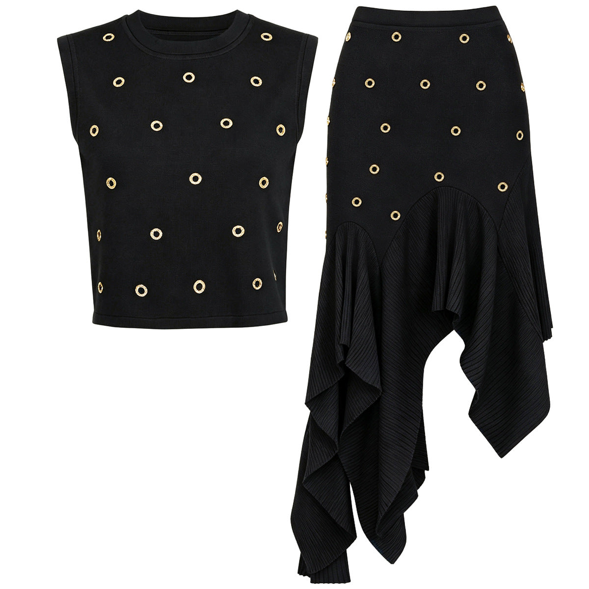 Ondine Gold-Stud Knit Tank and Asymmetric Skirt Set