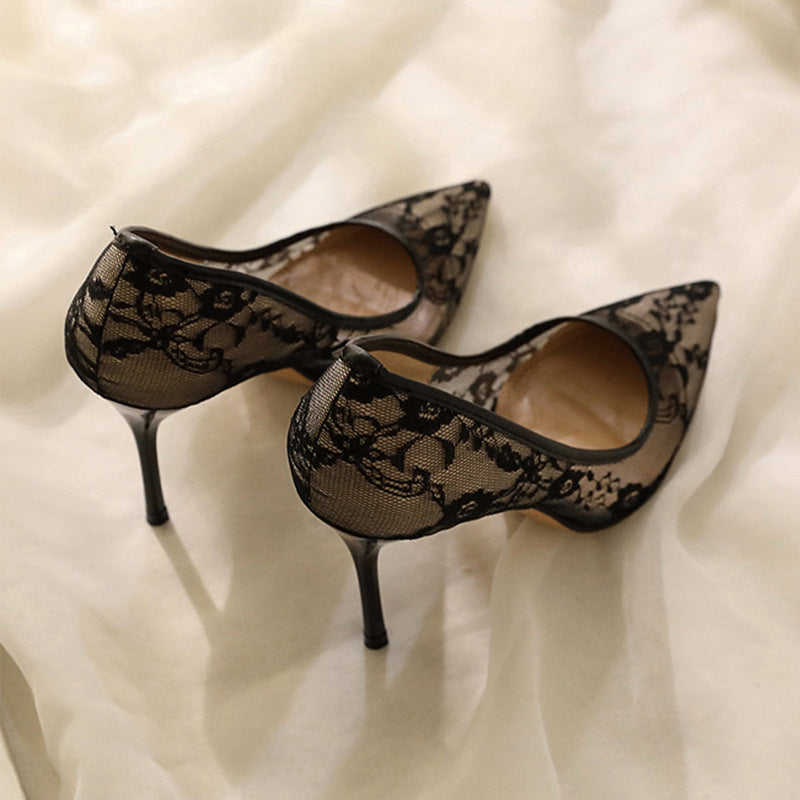 Floral Lace Mesh Pointed Stiletto Pumps