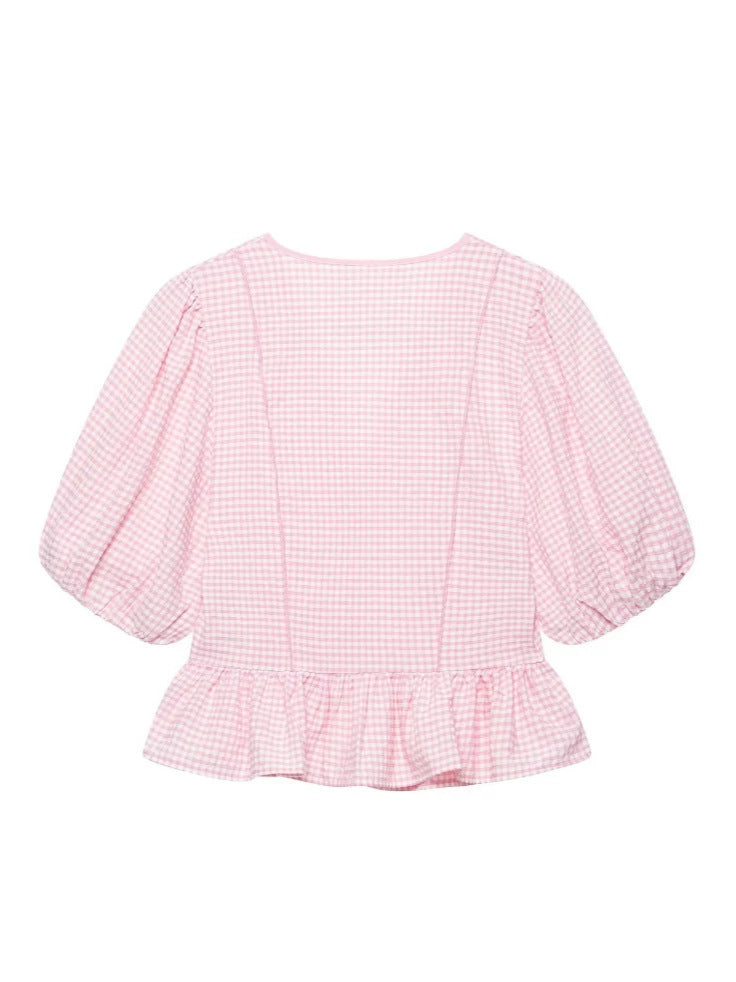 Gingham Puff Sleeve Peplum Blouse