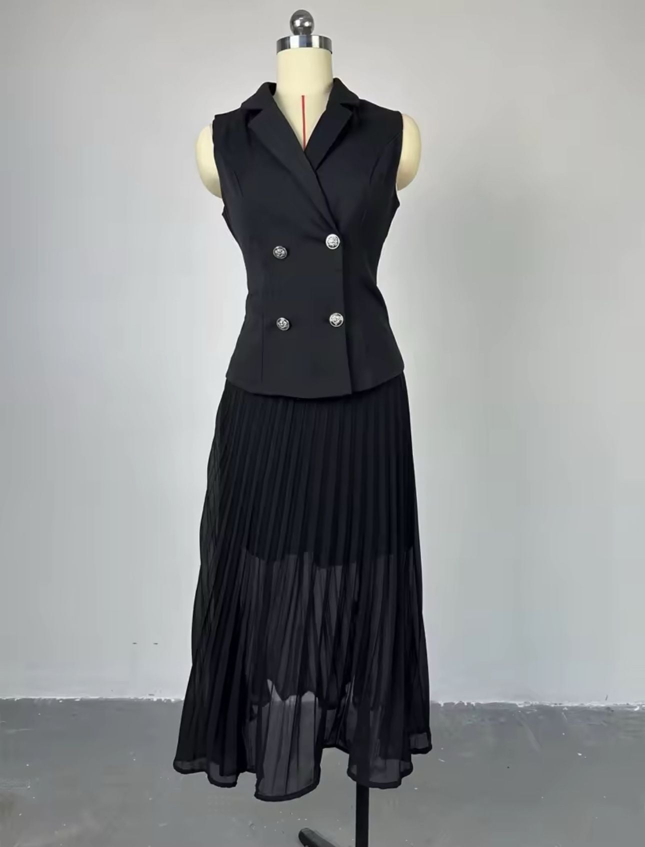 Sleeveless Blazer Pleated Maxi Skirt Set - MD Fashionwear