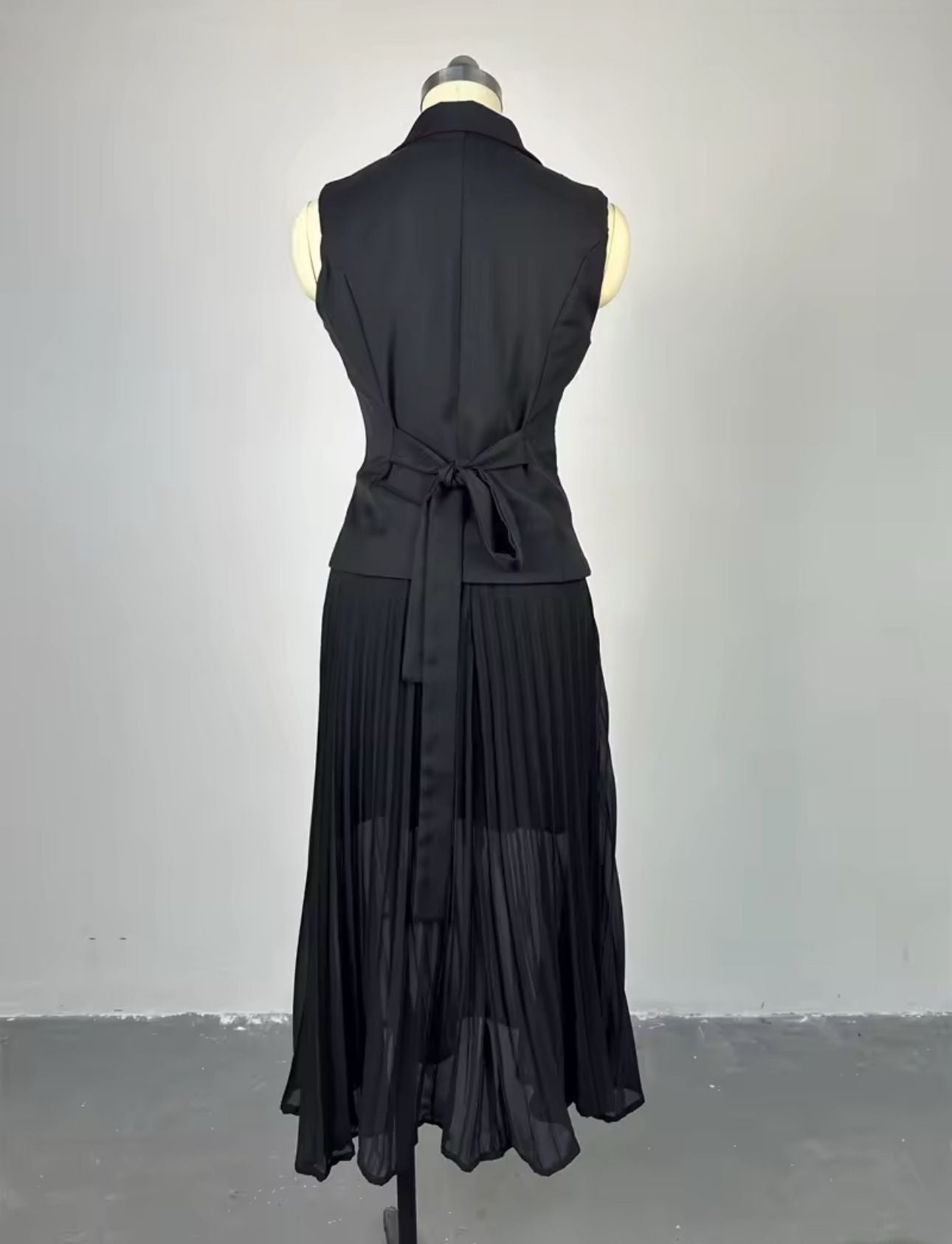 Sleeveless Blazer Pleated Maxi Skirt Set - MD Fashionwear