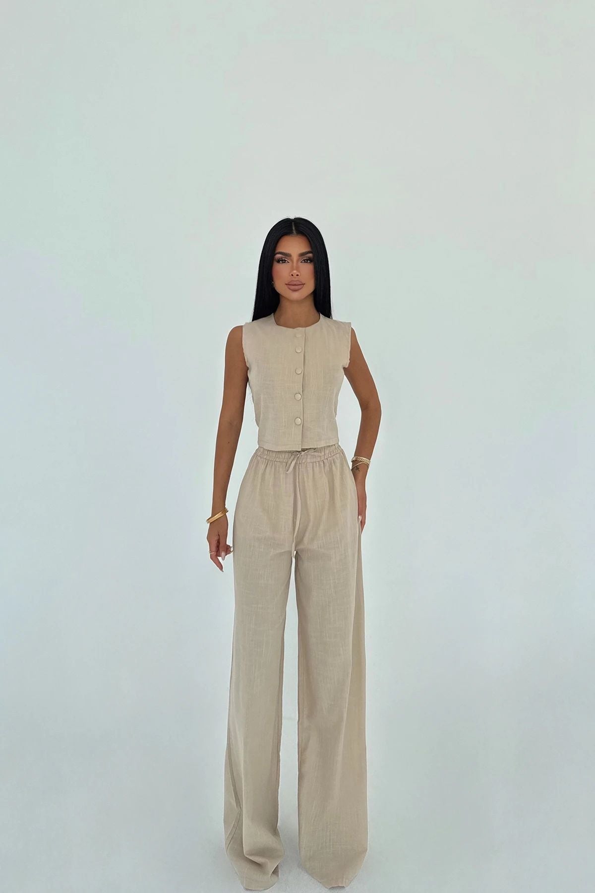 Beige Button Detail Set