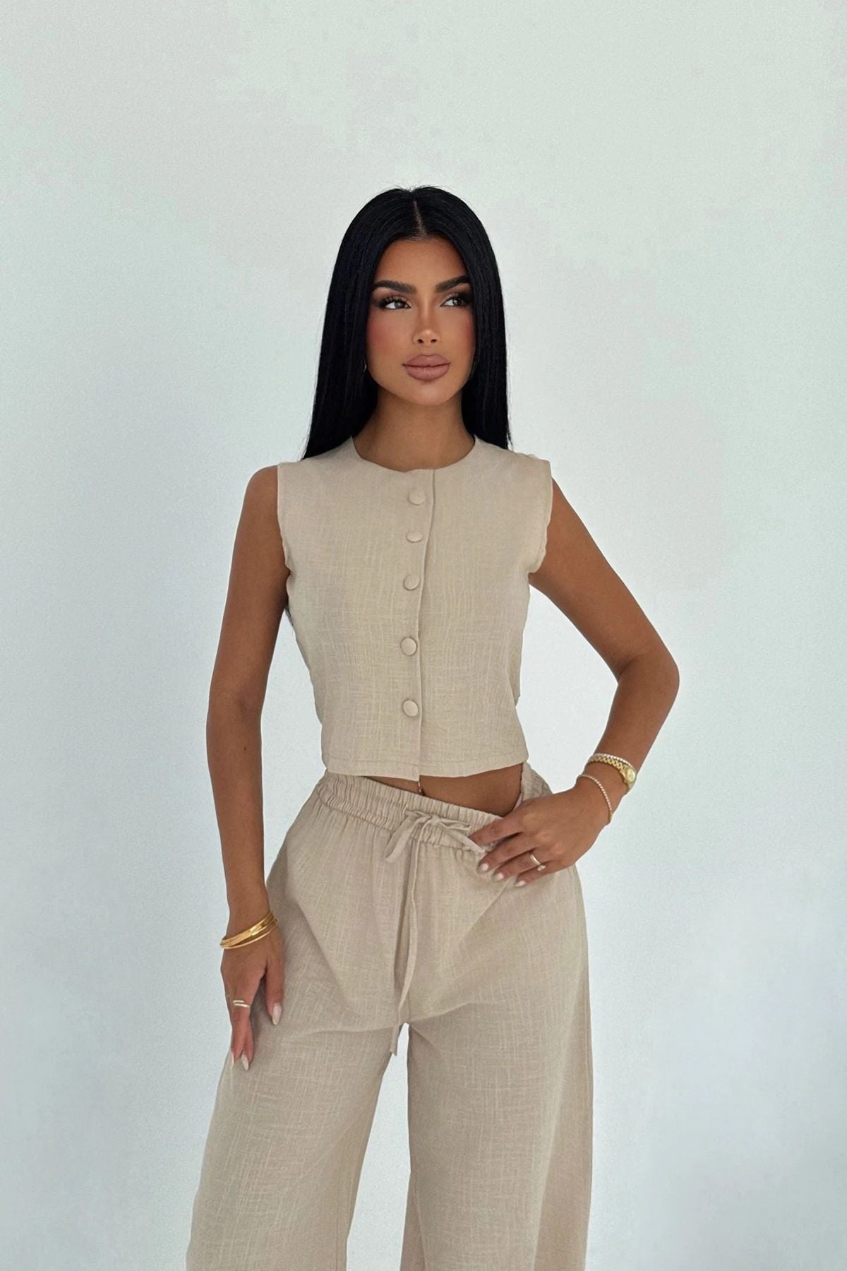 Beige Button Detail Set