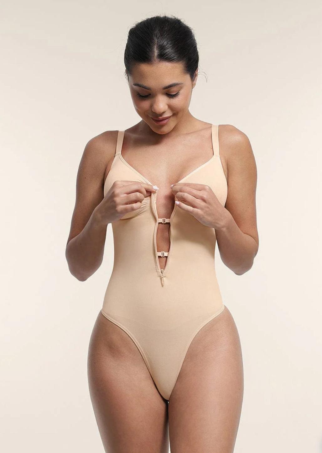 Seamless Plunge Chest Support Bodysuit with Clips Inside