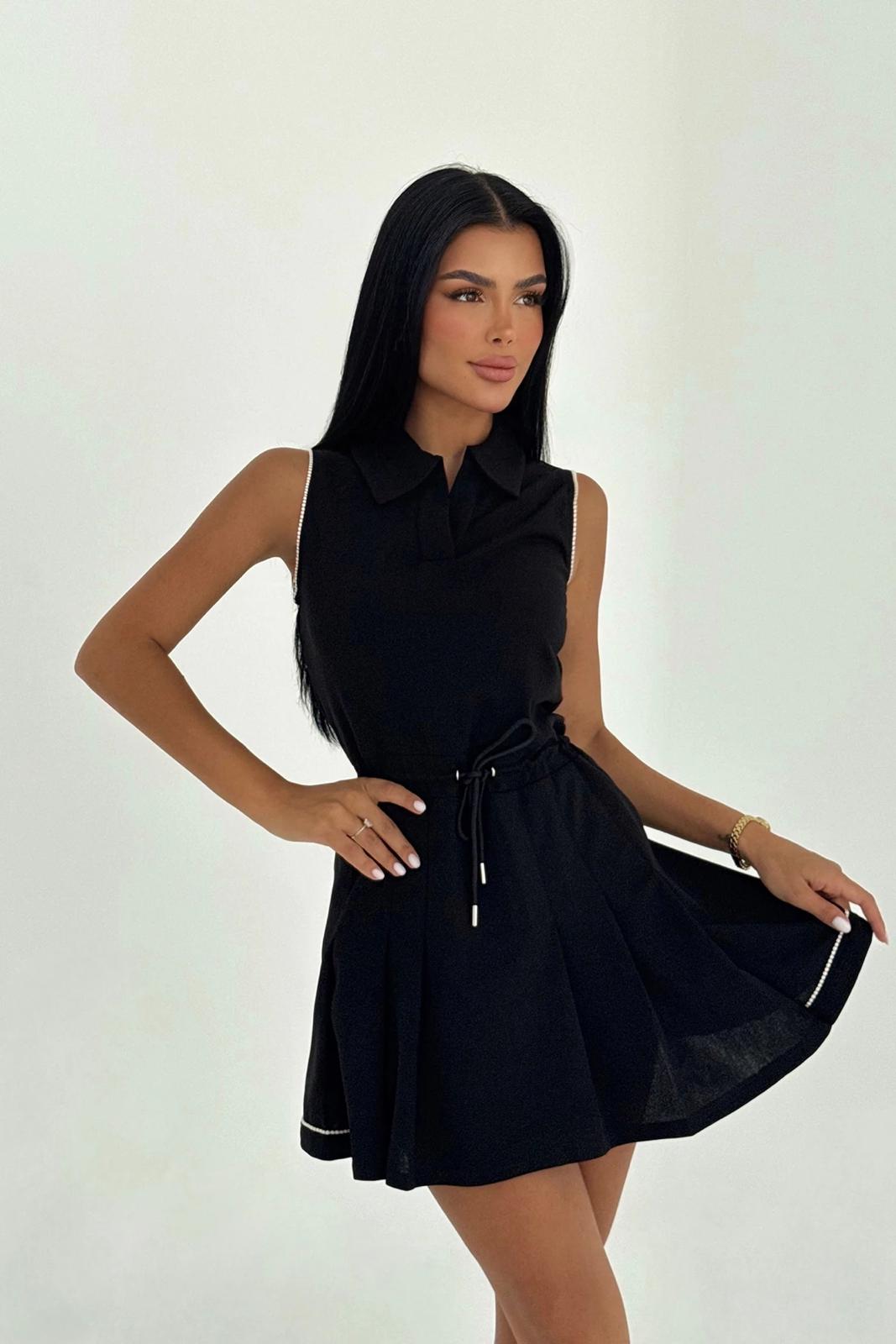 Black Rori Tie-Waist Pleated Mini Dress