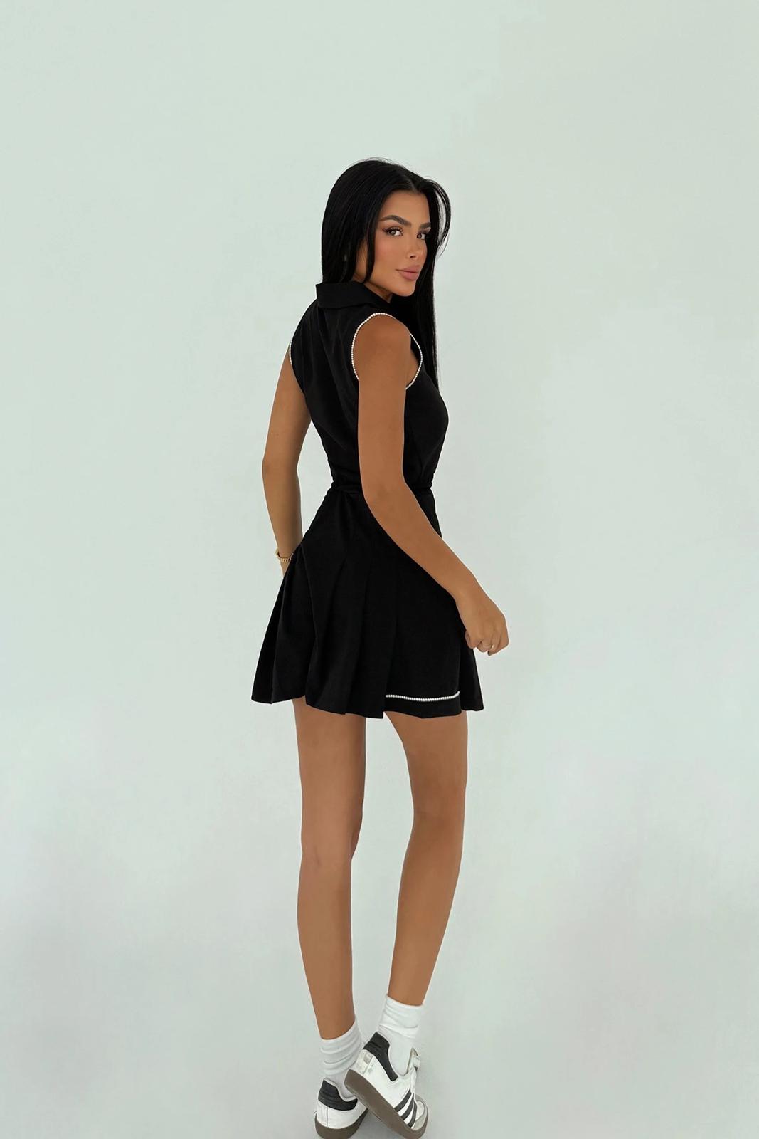 Black Rori Tie-Waist Pleated Mini Dress