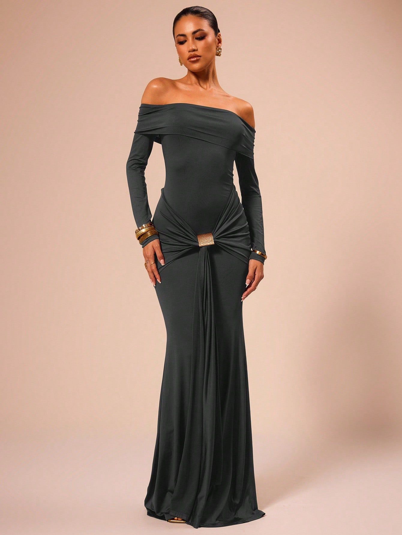 Off Shoulder Long Sleeve Maxi Dress