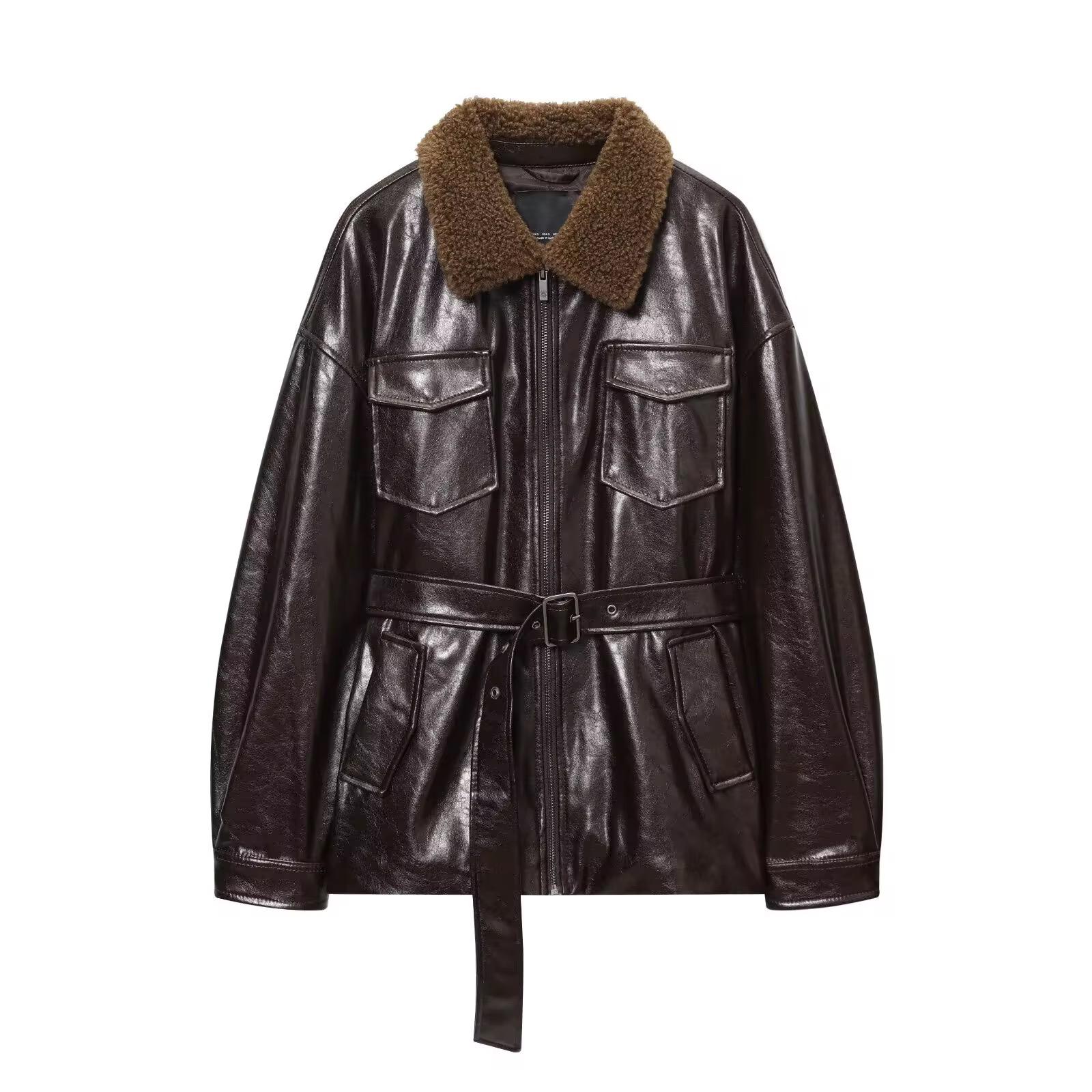 Loose belted leather jacket