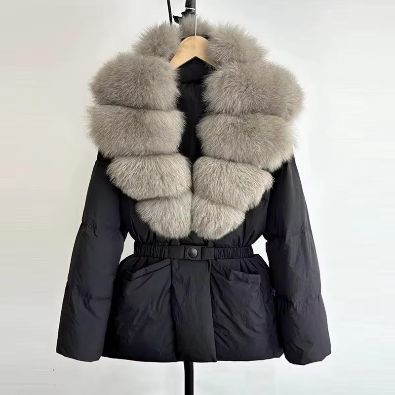 Real fox fur belted jacket