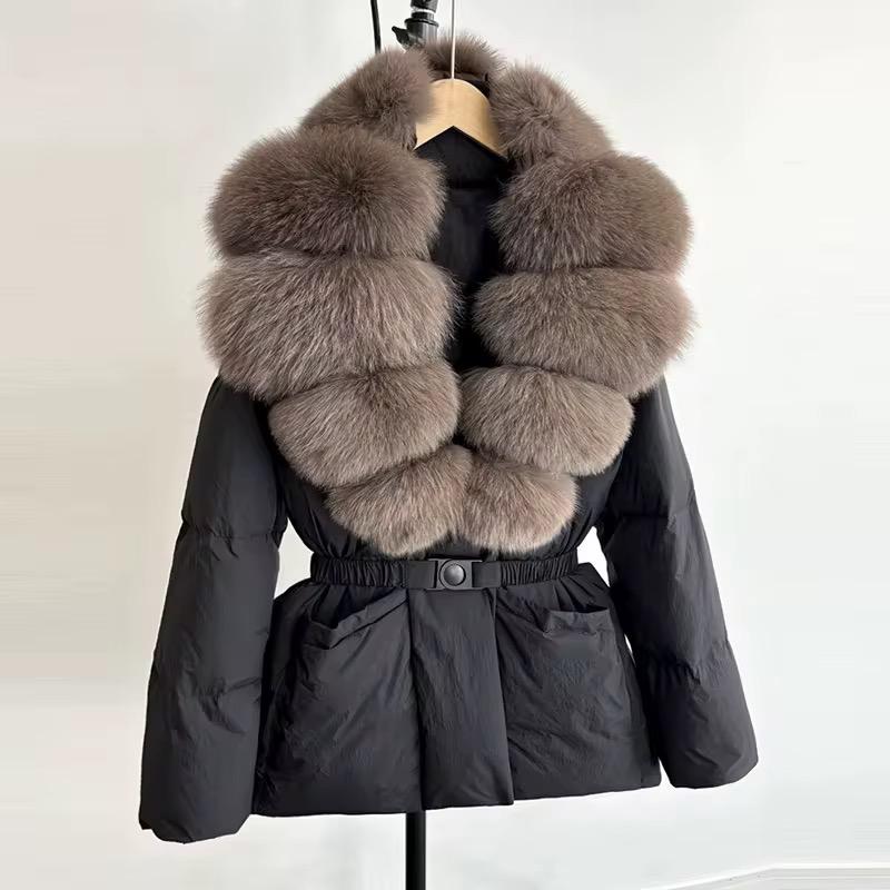 Real fox fur belted jacket