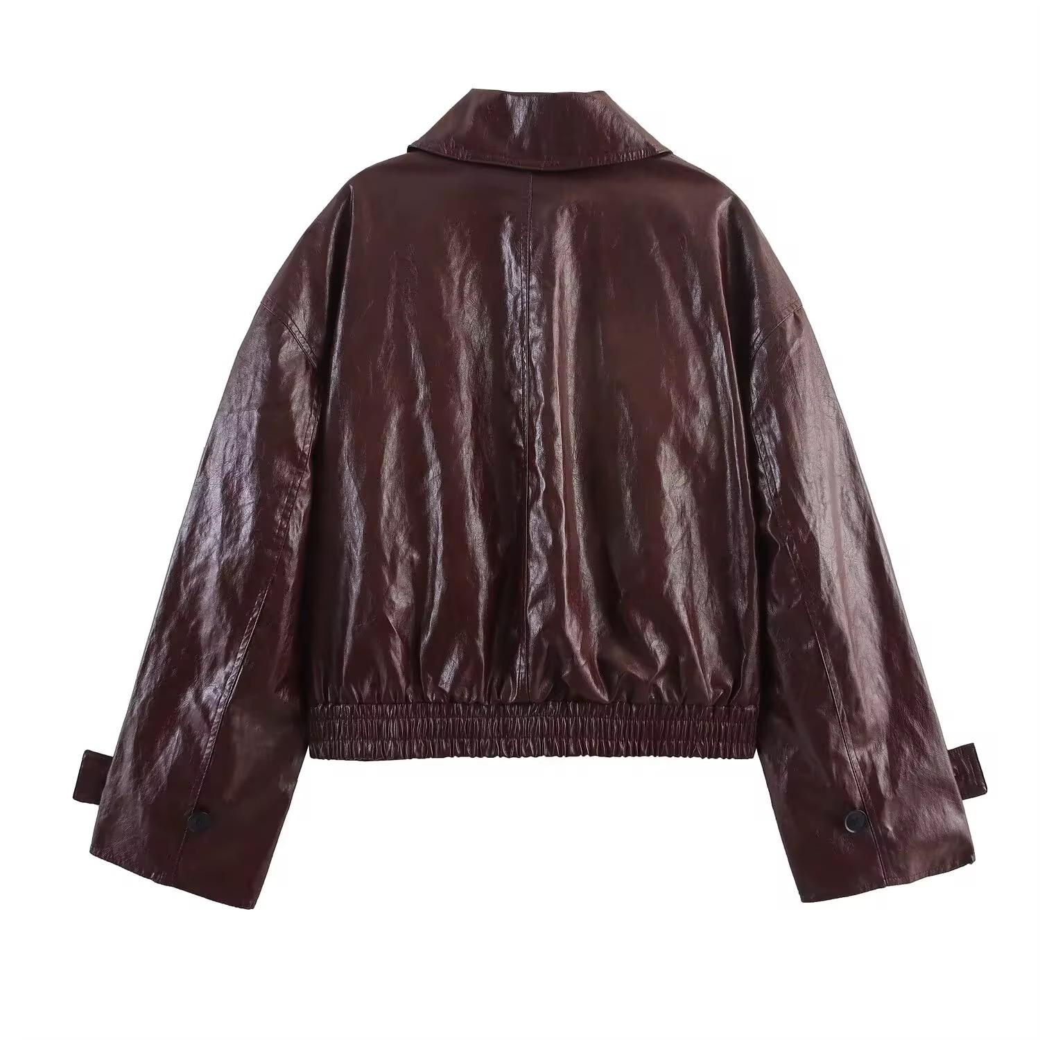 Brown Faux Leather Cropped Jacket