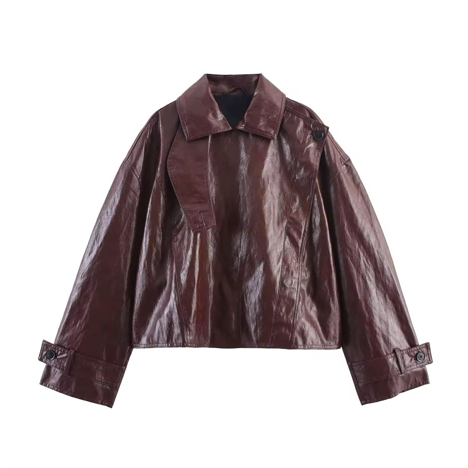 Brown Faux Leather Cropped Jacket