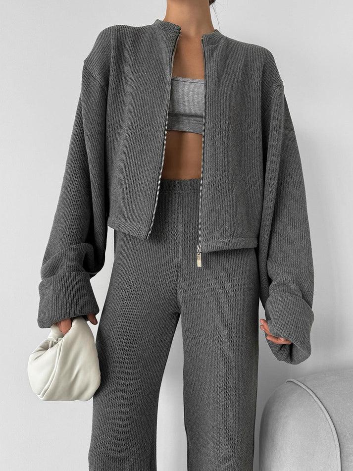 Zip Jacket And Wide Leg Pants Set