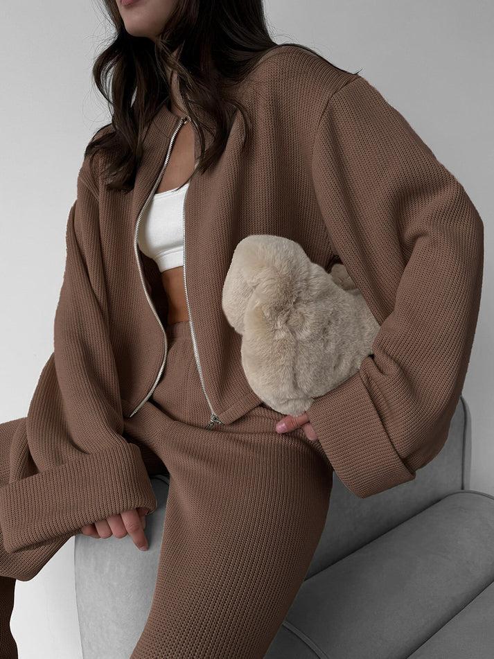 Zip Jacket And Wide Leg Pants Set