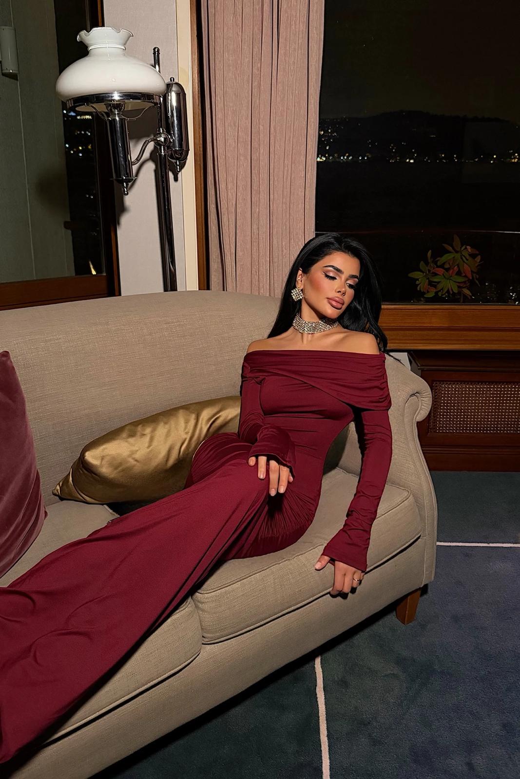 Burgundy Shoulder Detail Long Dress