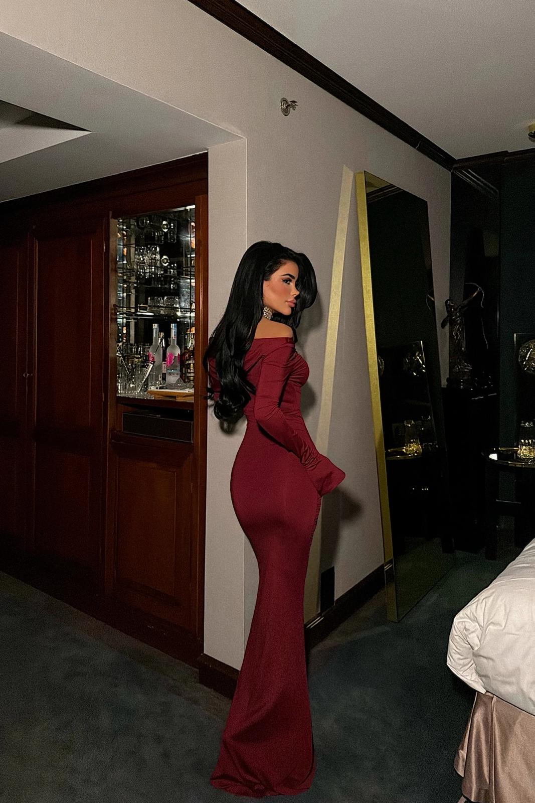 Burgundy Shoulder Detail Long Dress