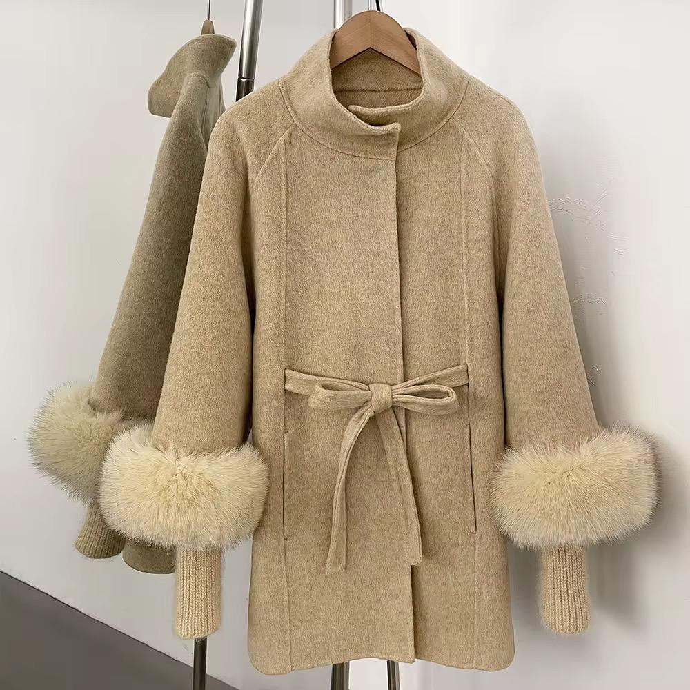 Fox Fur Cuff Belted Wool Coat