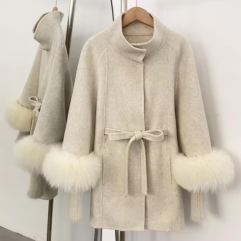 Fox Fur Cuff Belted Wool Coat