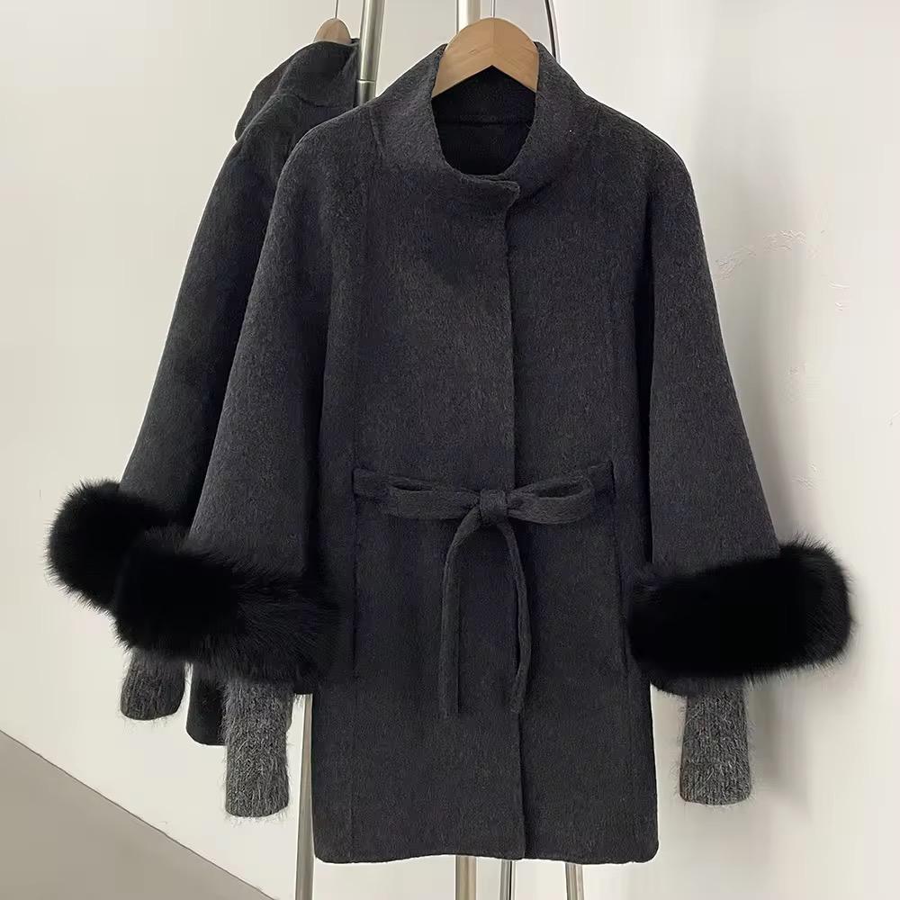 Fox Fur Cuff Belted Wool Coat
