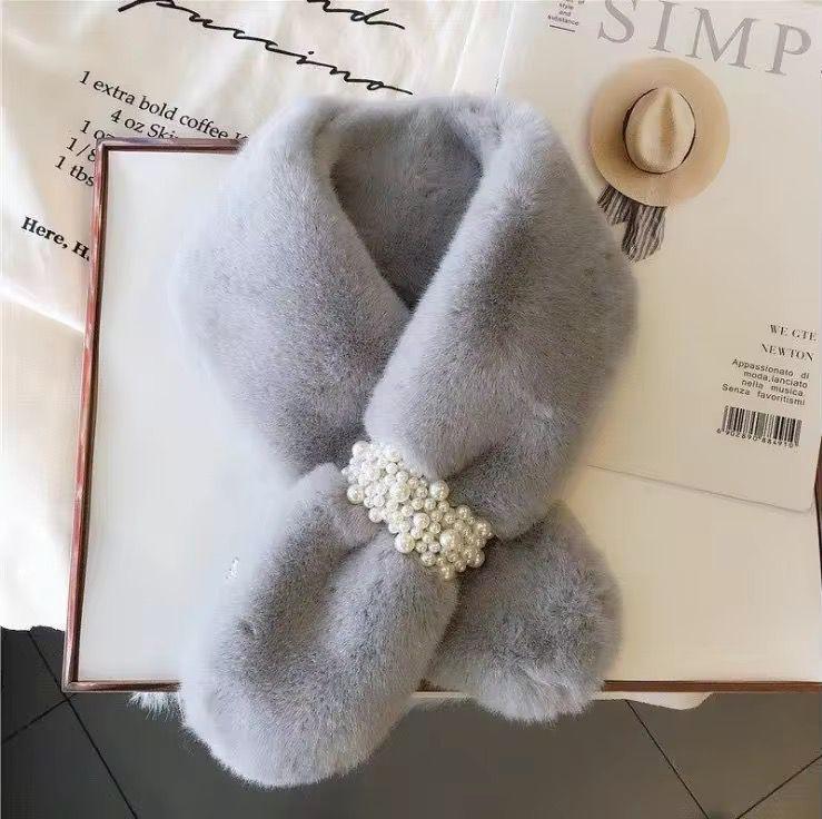 Faux Fur Scarf Cross Neck Pearl Detail